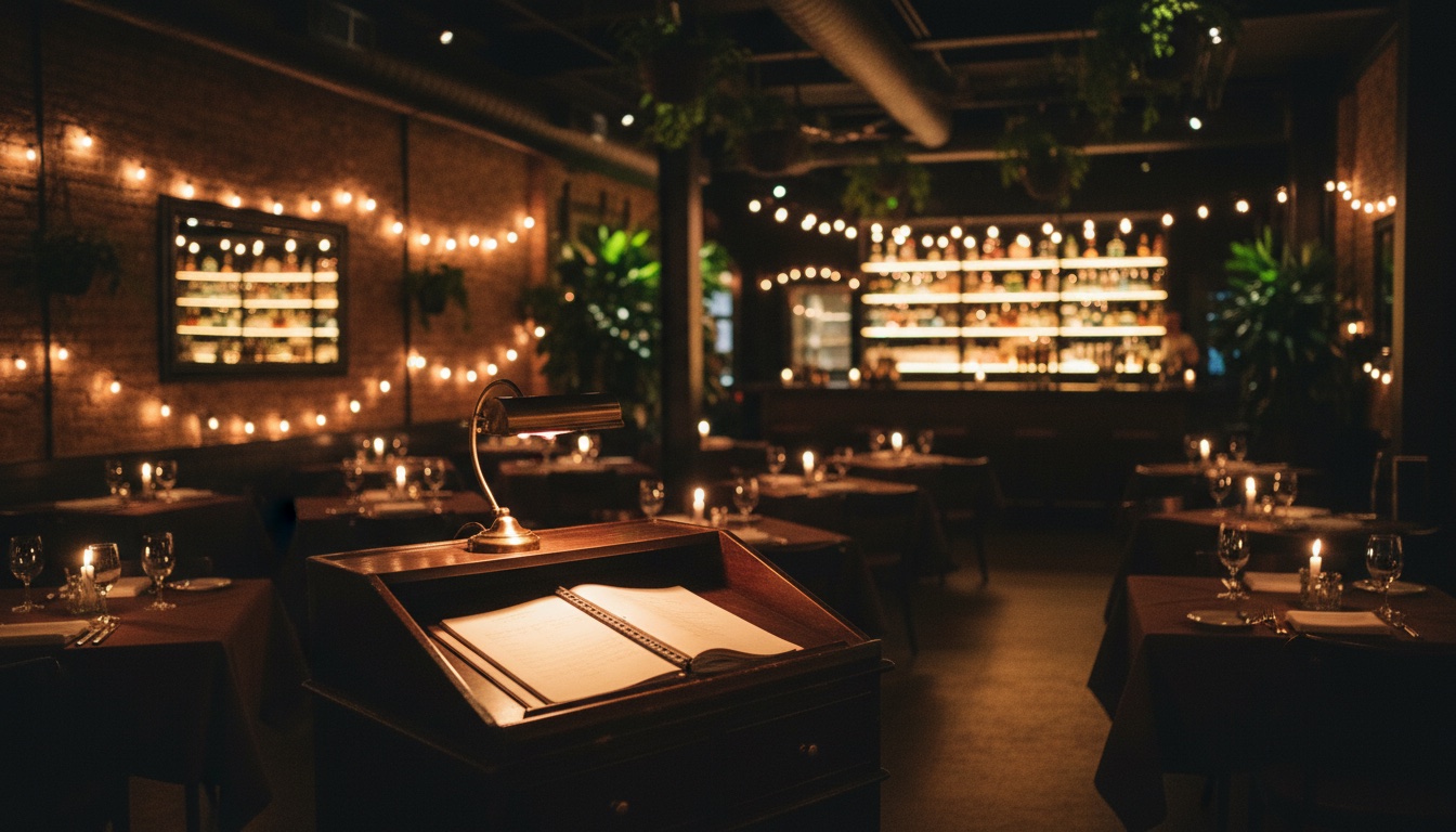 The warm, candlelit interior of an intimate restaurant at night